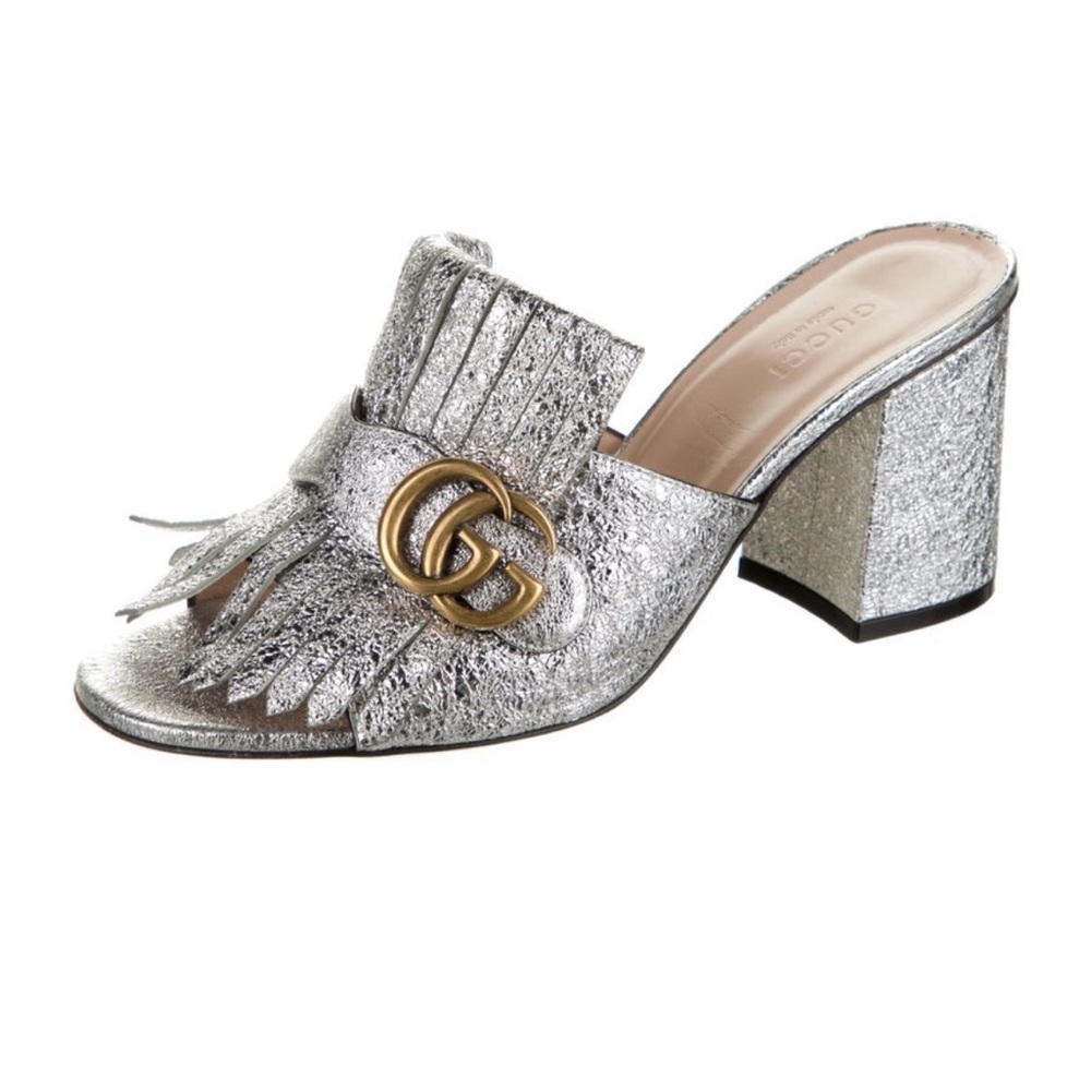 Gucci Silver Metallic Mules with Fringe and Block Heel